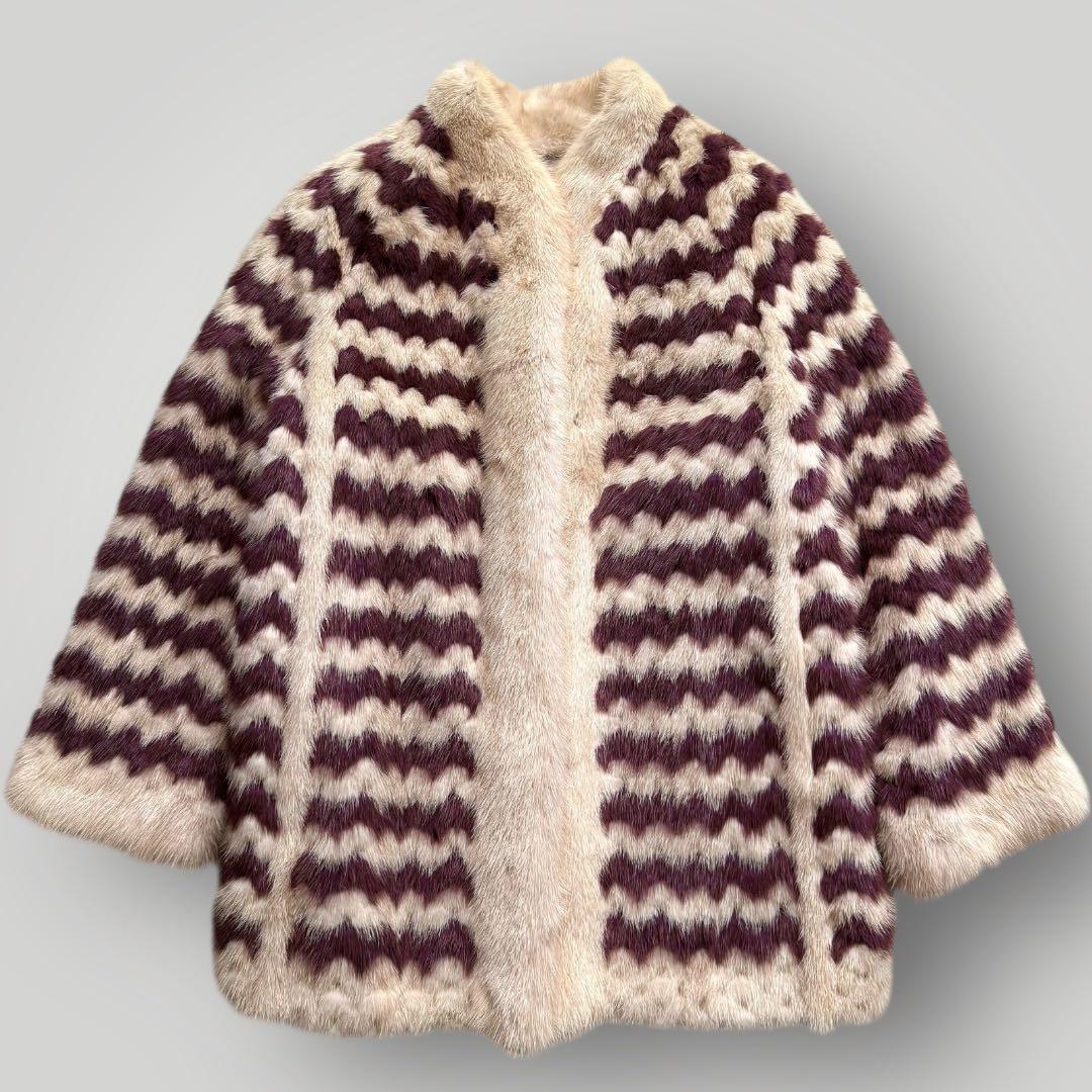 毛皮☆ミンク MINK ファーコート バイカラー パープル クリーム デザイン