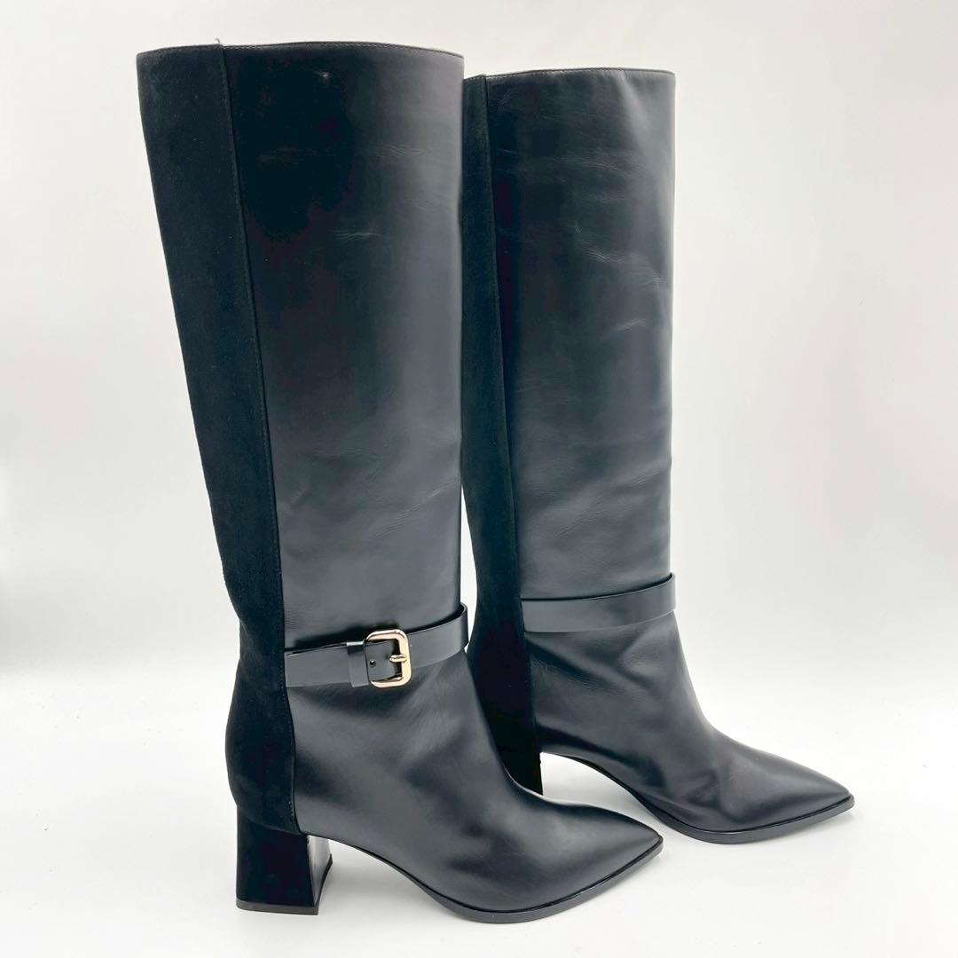 ポリーニ ロングブーツ ポインテッドトゥ 本革 36 黒 イタリア製 Y1138