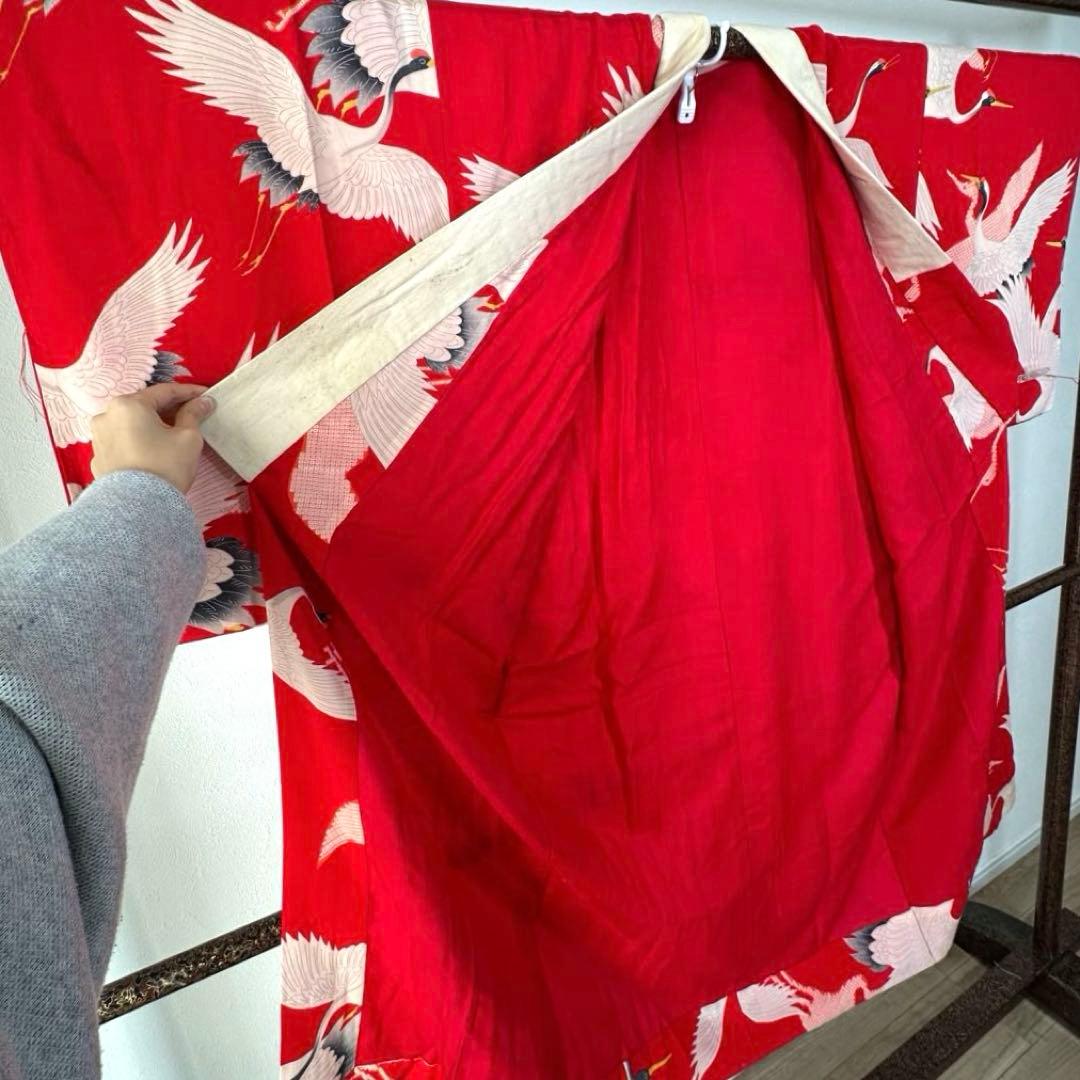 美品　正絹　長襦袢　着物　赤　鶴　124cm アンティーク　ヴィンテージ　レトロ