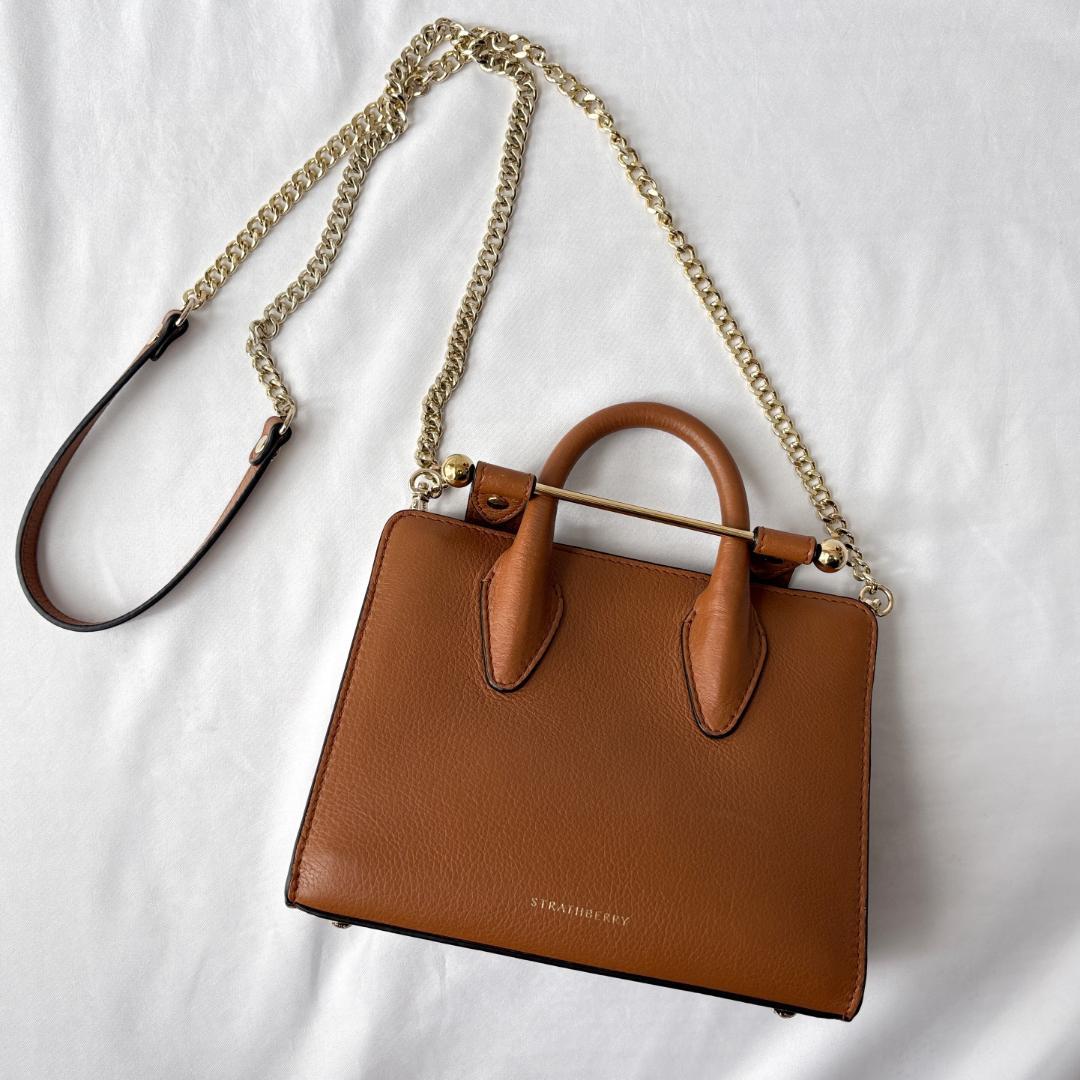 美品 ストラスベリー チェーンショルダーバッグ レザー ブラウン