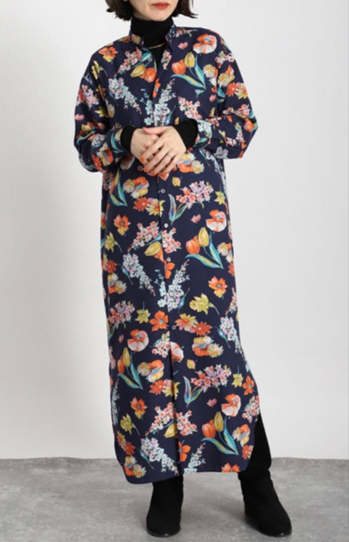 VERMEIL par iena フラワープリント バンドカラーシャツワンピース