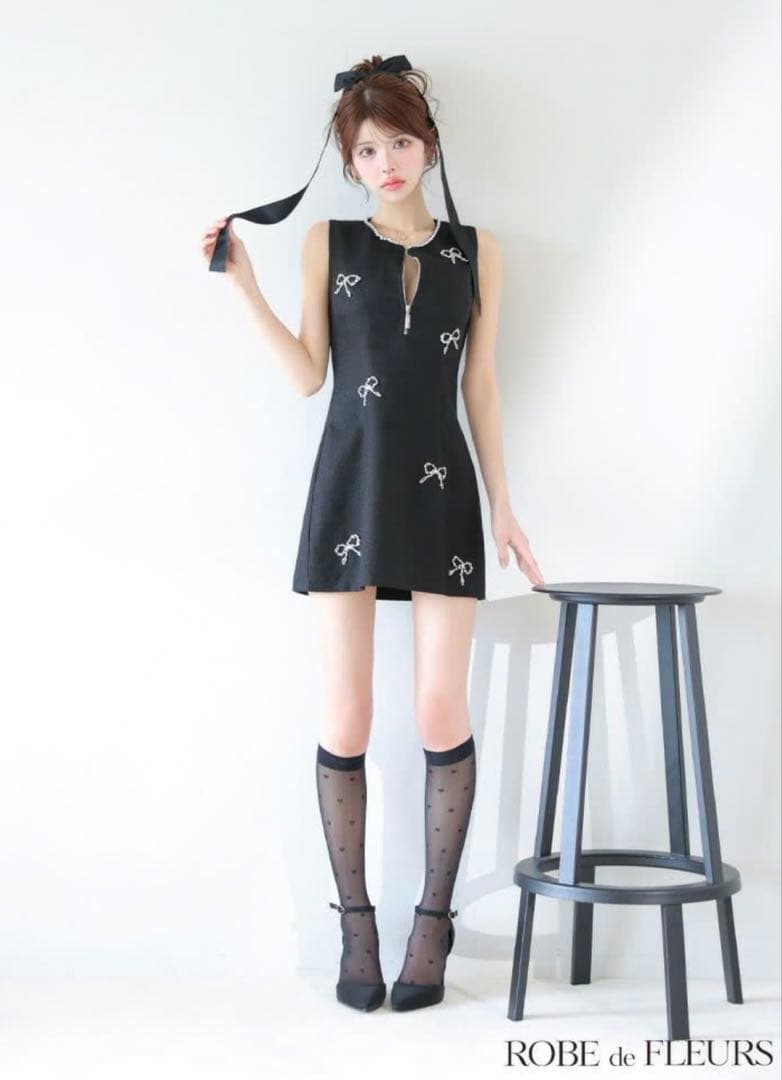ROBEdeFLEURSノースリーブ ビジュー ジップデザイン リボンフレアミニ