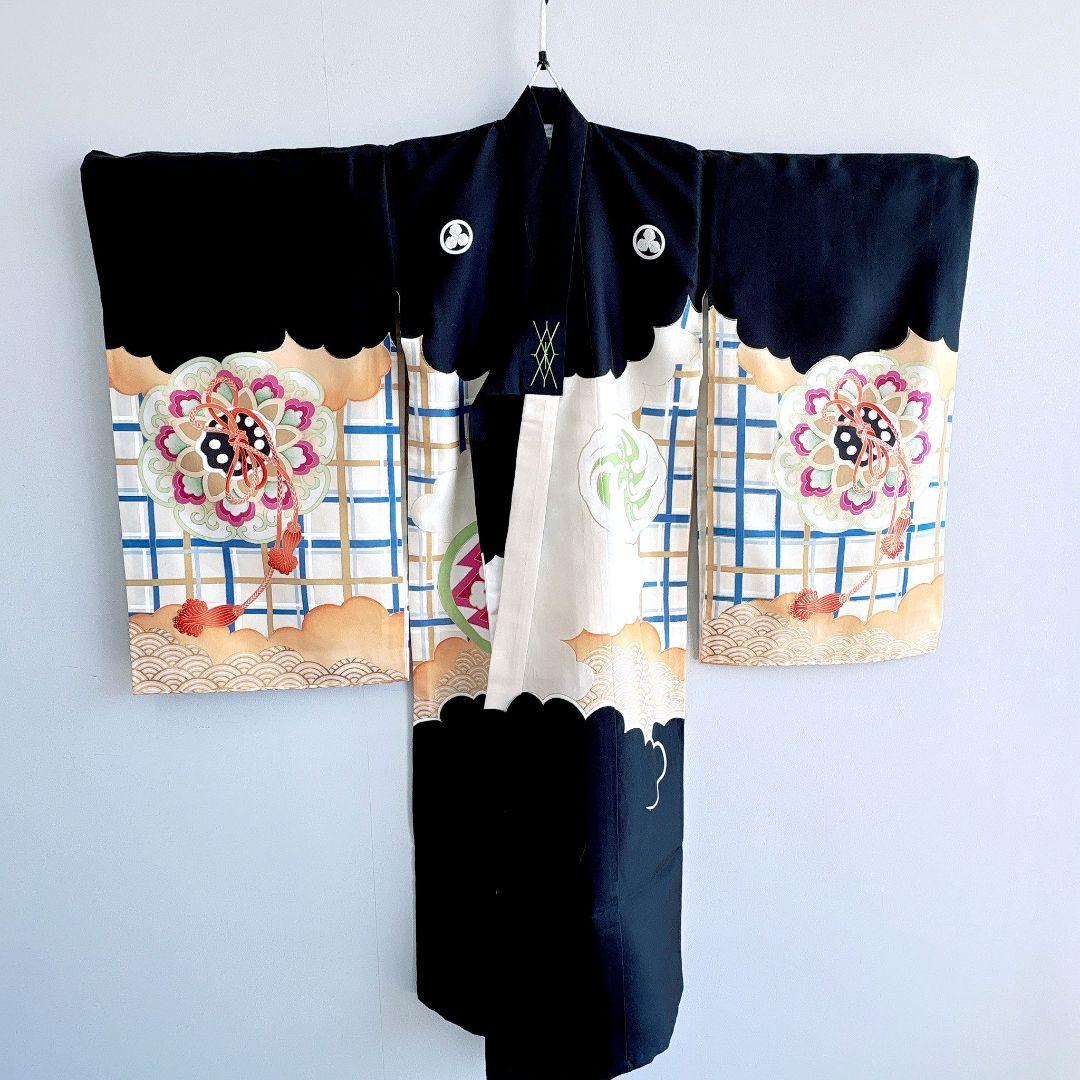 美品　豪華刺繍　お宮参り　産着　祝着　0歳　男の子　黒　龍　長襦袢なし　7035