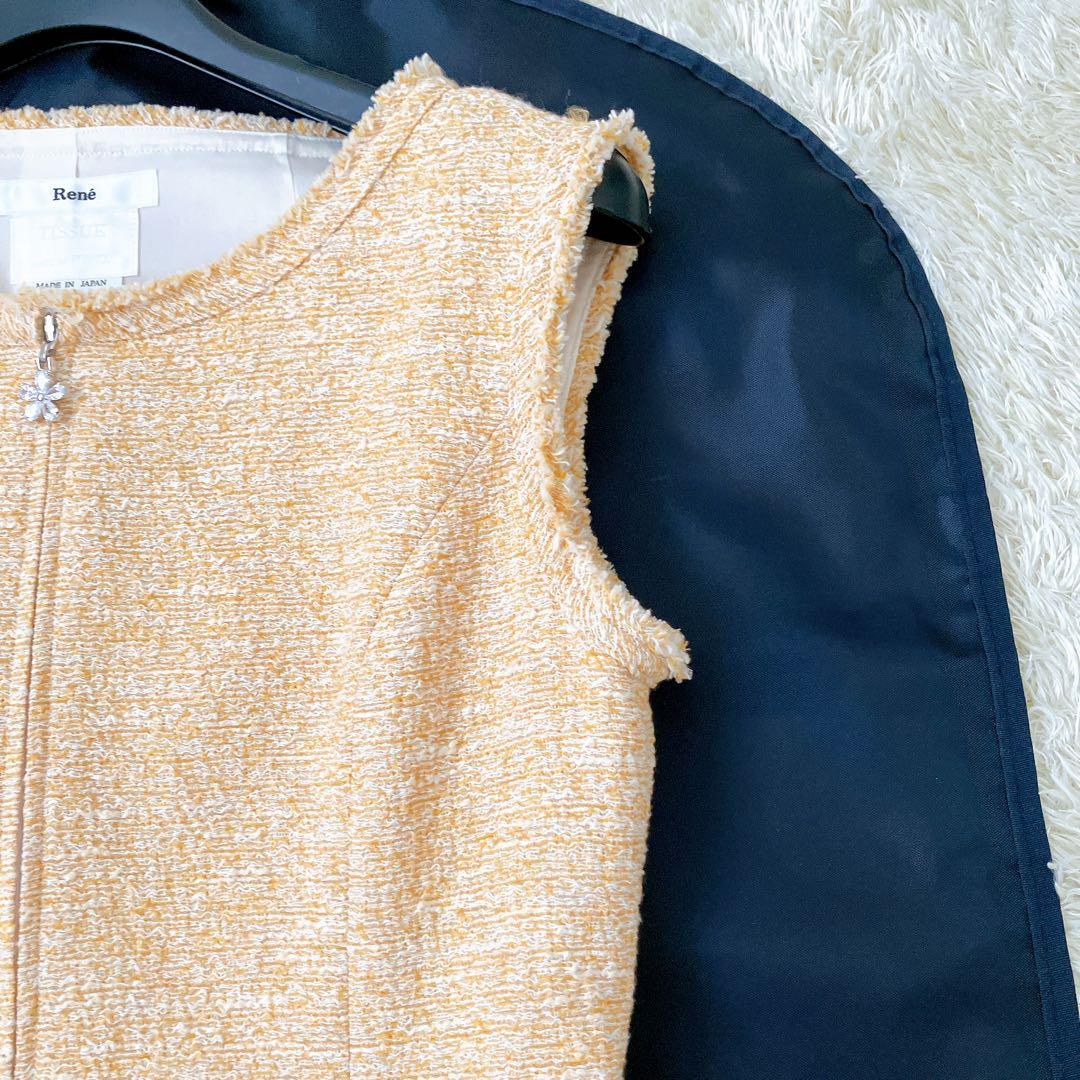 美品✨ツイードワンピース ダブルジップ ビジュー 34 オレンジ系 前開き