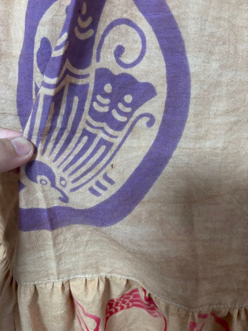 柿渋染め手ぬぐいと浴衣を使った3段ティアードパンツ　金魚　豆絞り