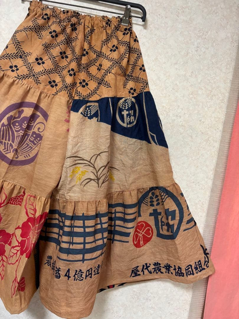 柿渋染め手ぬぐいと浴衣を使った3段ティアードパンツ　金魚　豆絞り