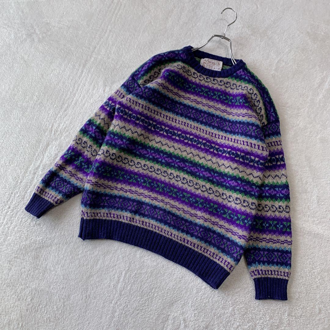 人気 スコットランド製 インバーアラン クルーネック ハンドニット 総柄 茶タグ