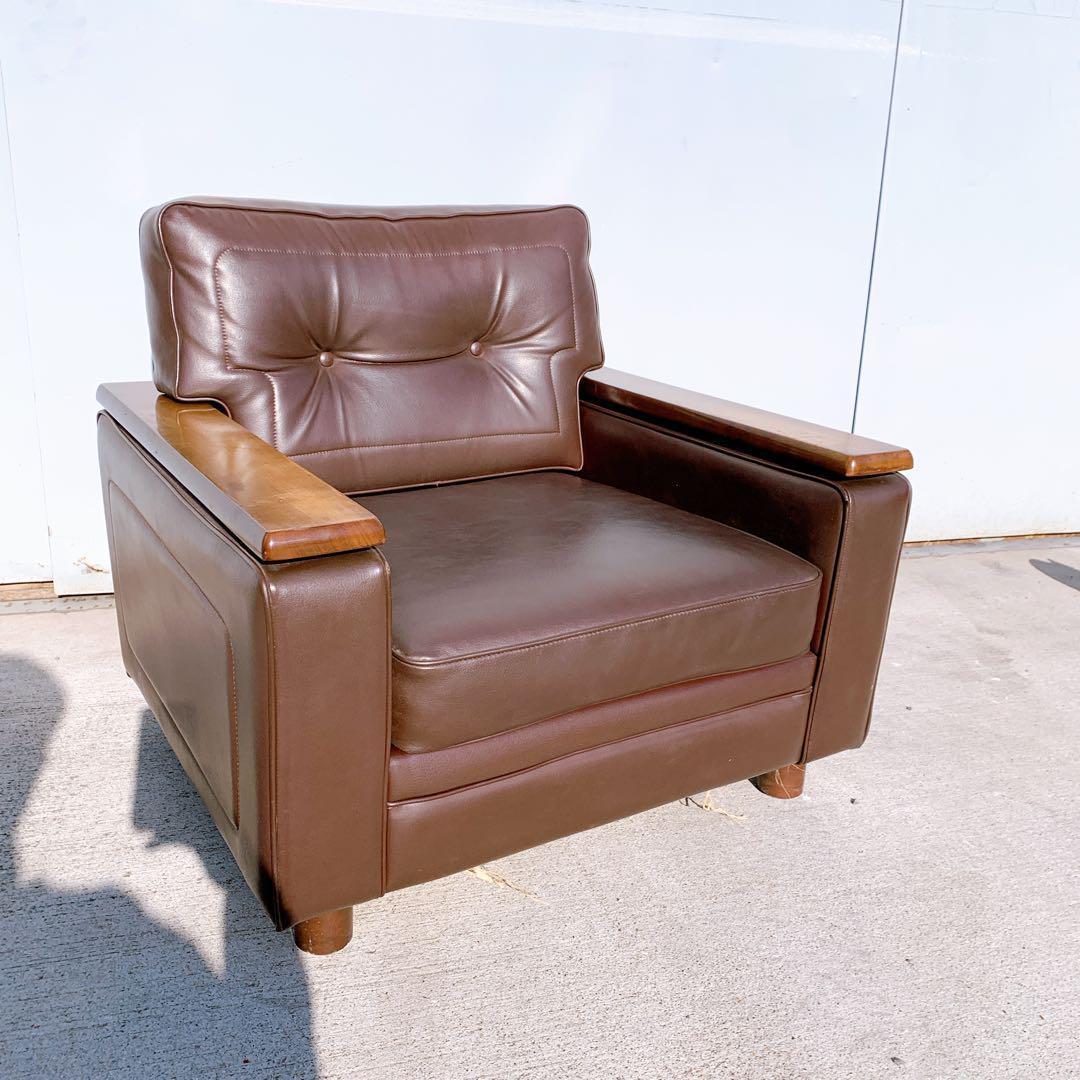 【送料無料】Karimoku カリモク レザー 1人掛けソファ 昭和レトロ 茶③