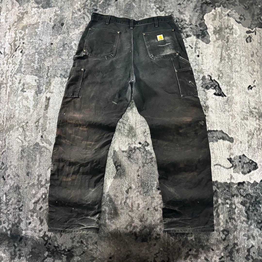 38×34 USA製 カーハート ダブルニー ボロ 墨黒 リペア 雰囲気