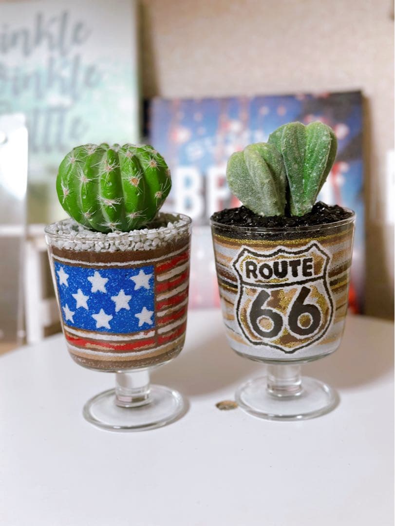 サボテン鉢セット アメリカ国旗・ルート66 カラーサンドアート
