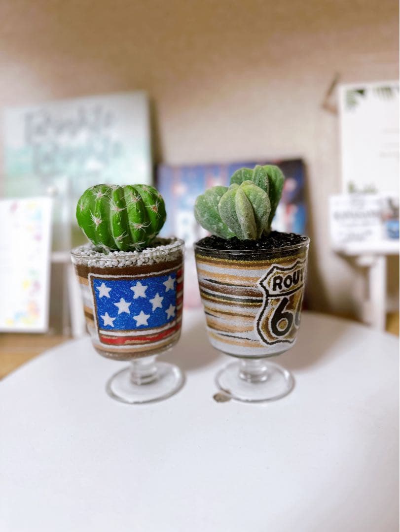 サボテン鉢セット アメリカ国旗・ルート66 カラーサンドアート