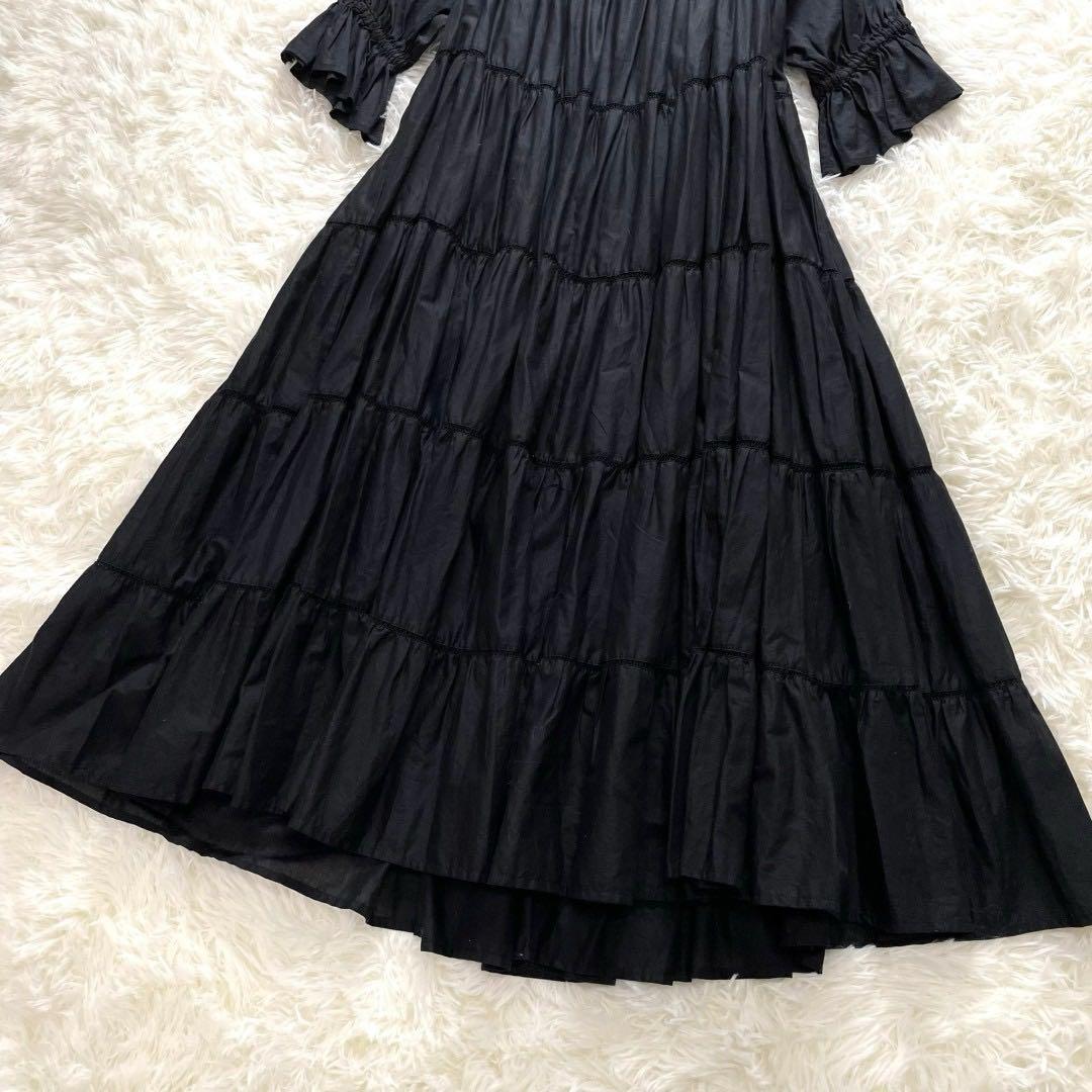 美品 マーレット PARADISE コットンパフスリーブティアードワンピース 黒