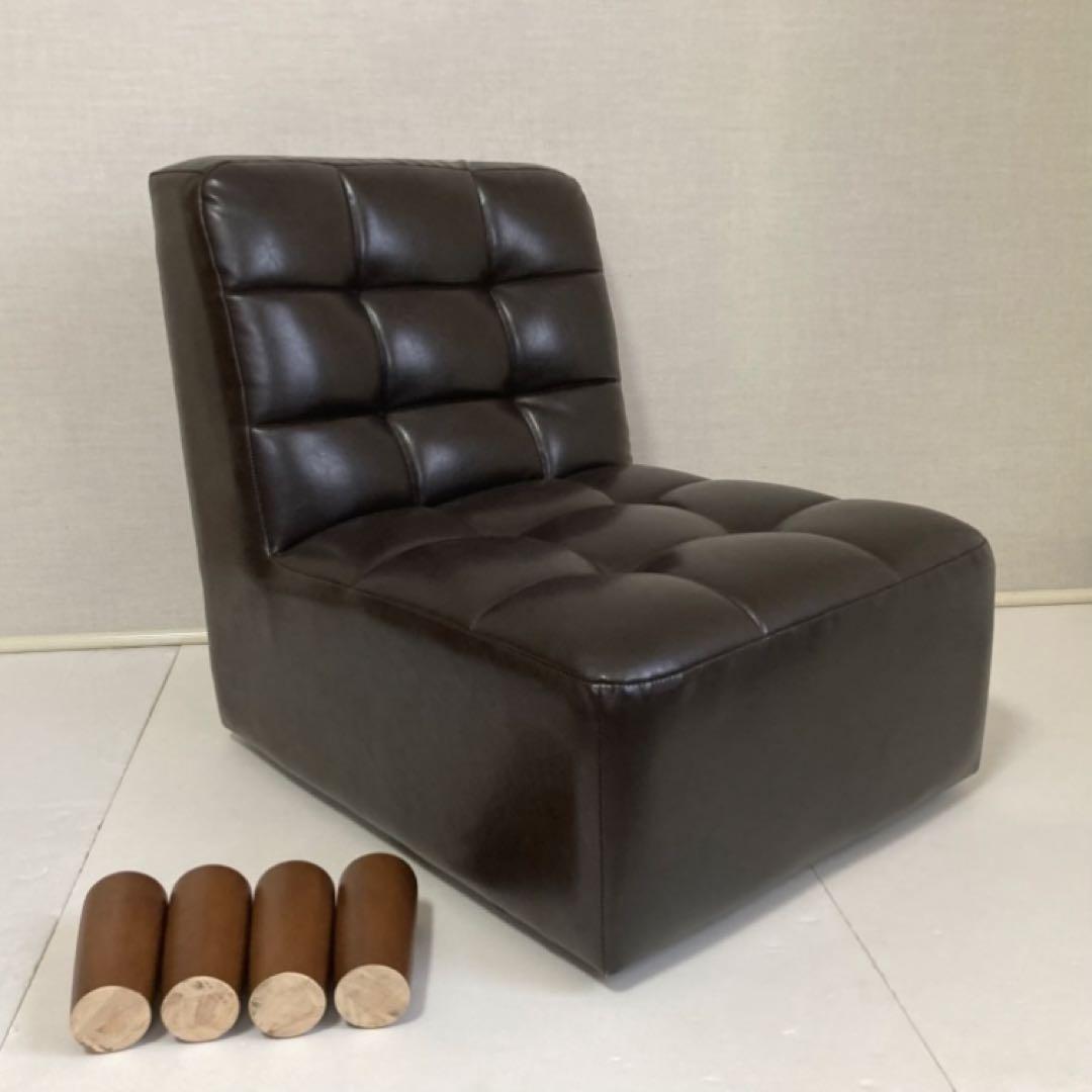 ソファ 椅子 ローチェア 1人掛け レザー調 木製 茶色 家具 レトロ風 美品