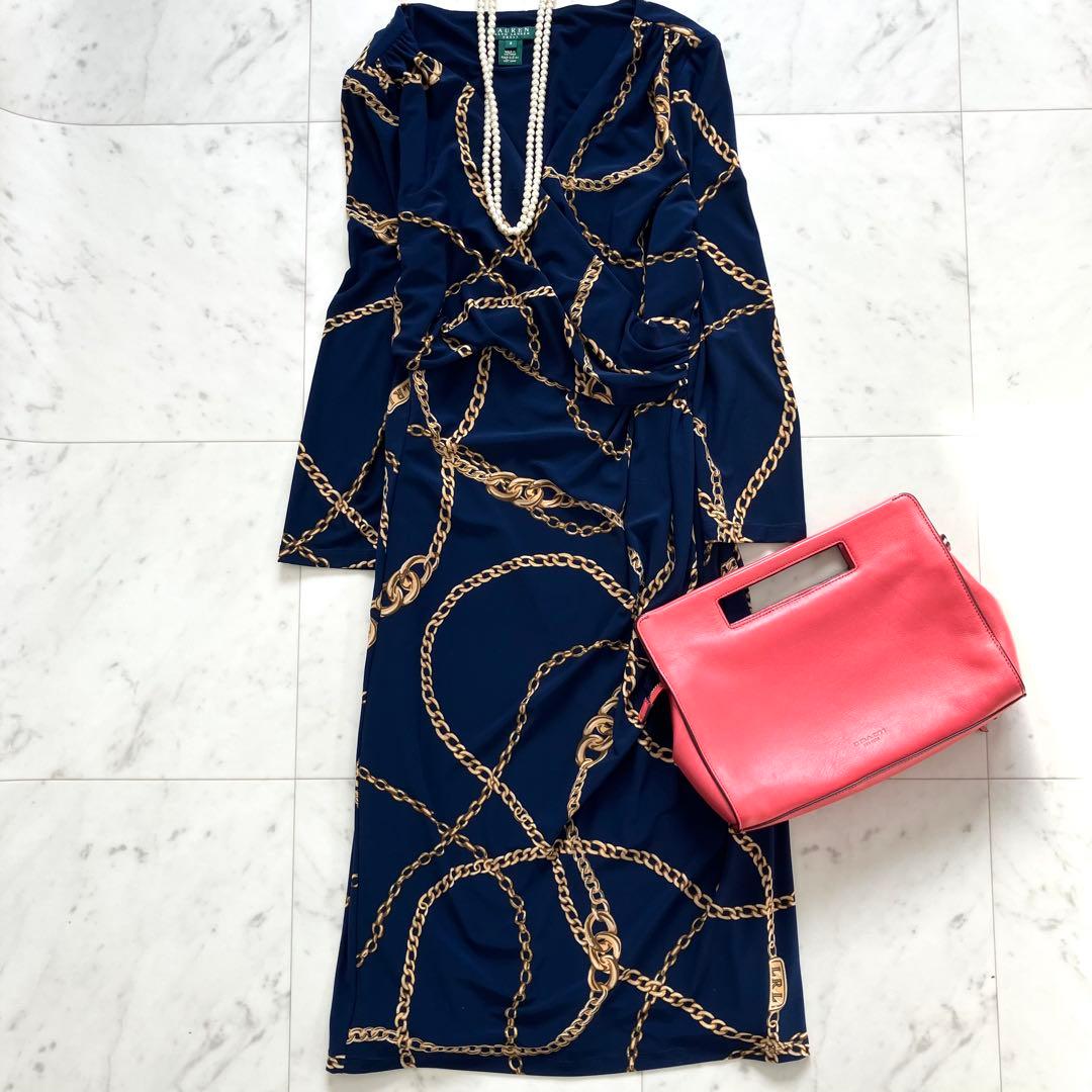 美品 ローレンラルフローレン ワンピース カシュクール ジャージー 鎖柄 青系