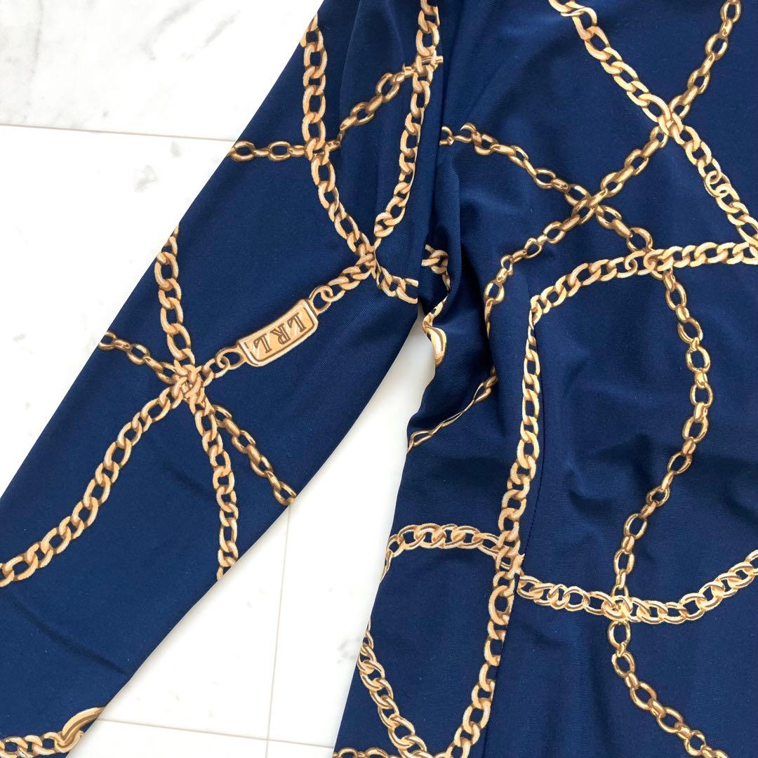 美品 ローレンラルフローレン ワンピース カシュクール ジャージー 鎖柄 青系