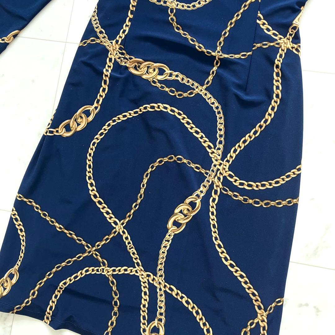 美品 ローレンラルフローレン ワンピース カシュクール ジャージー 鎖柄 青系