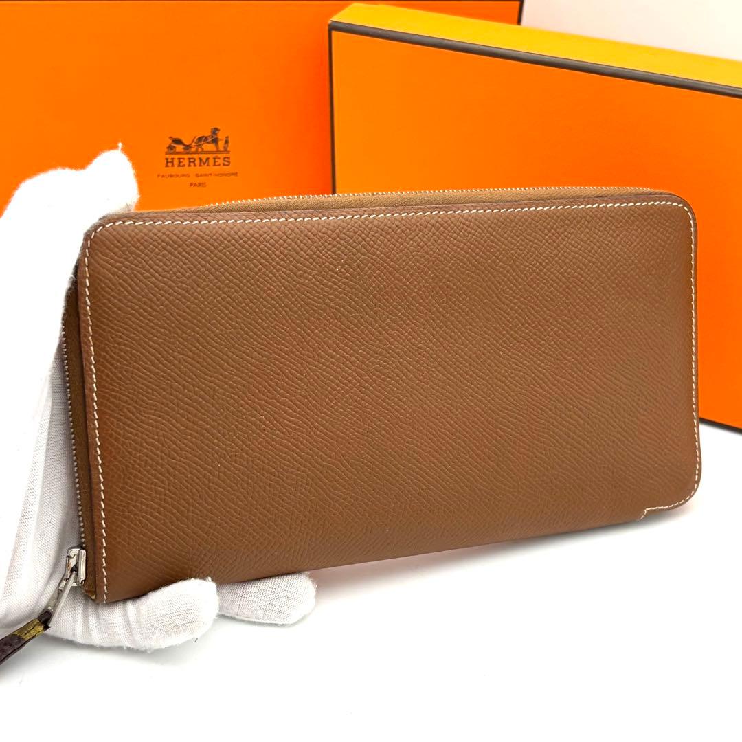 ☆美品☆箱付☆エルメス 長財布 アザップロングシルクイン ライトブラウン 茶