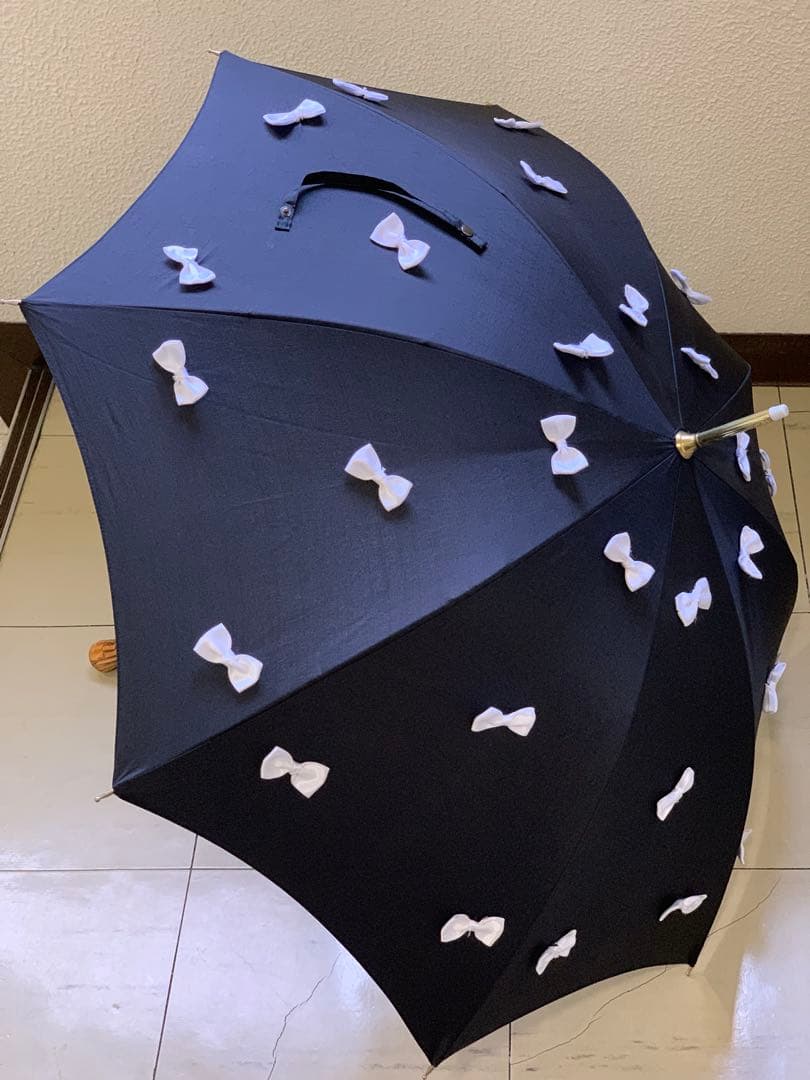 ギィドゥジャン雨晴日傘フランス製黒×白リボン付き晴雨兼用長傘生地張り替え済み