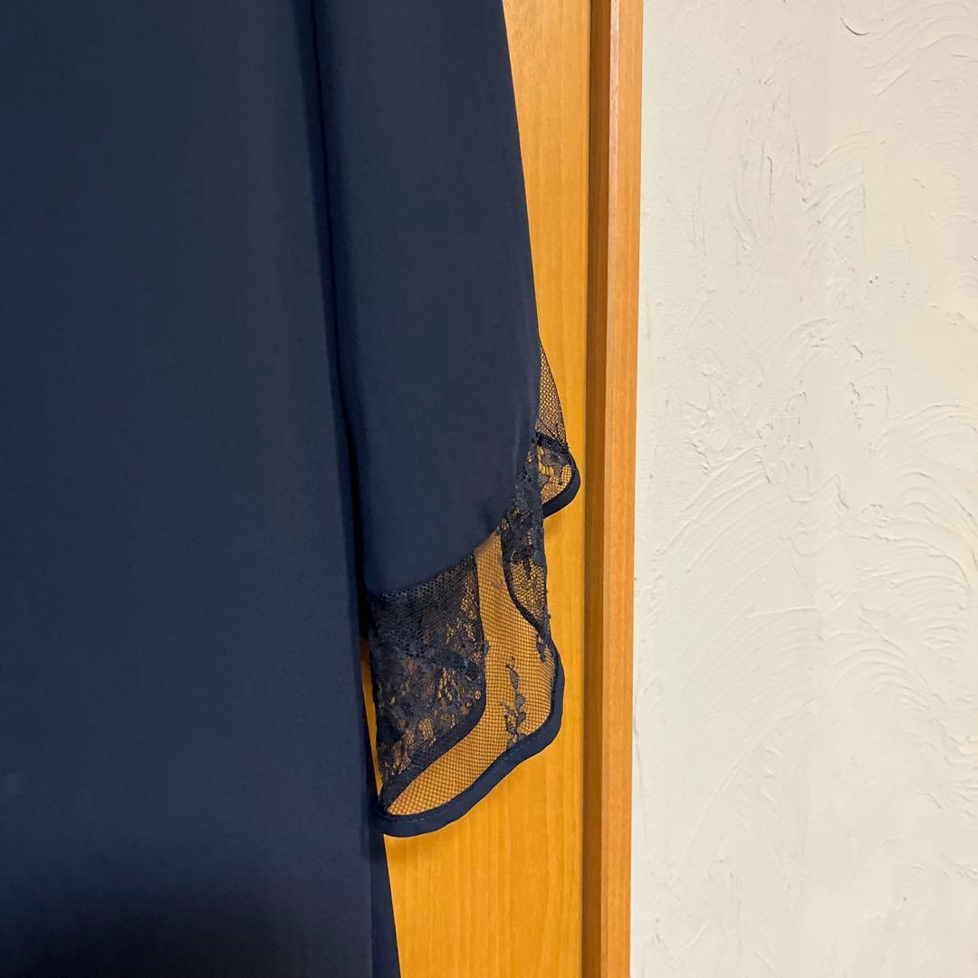 Floliaレース切り替えフレアスリーブＩラインワンピースネイビー