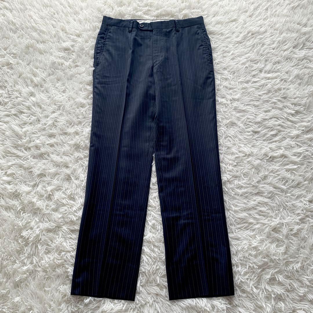 【極美品】バーバリーロンドン 高級 シルク混 ストライプ スーツ L ネイビー