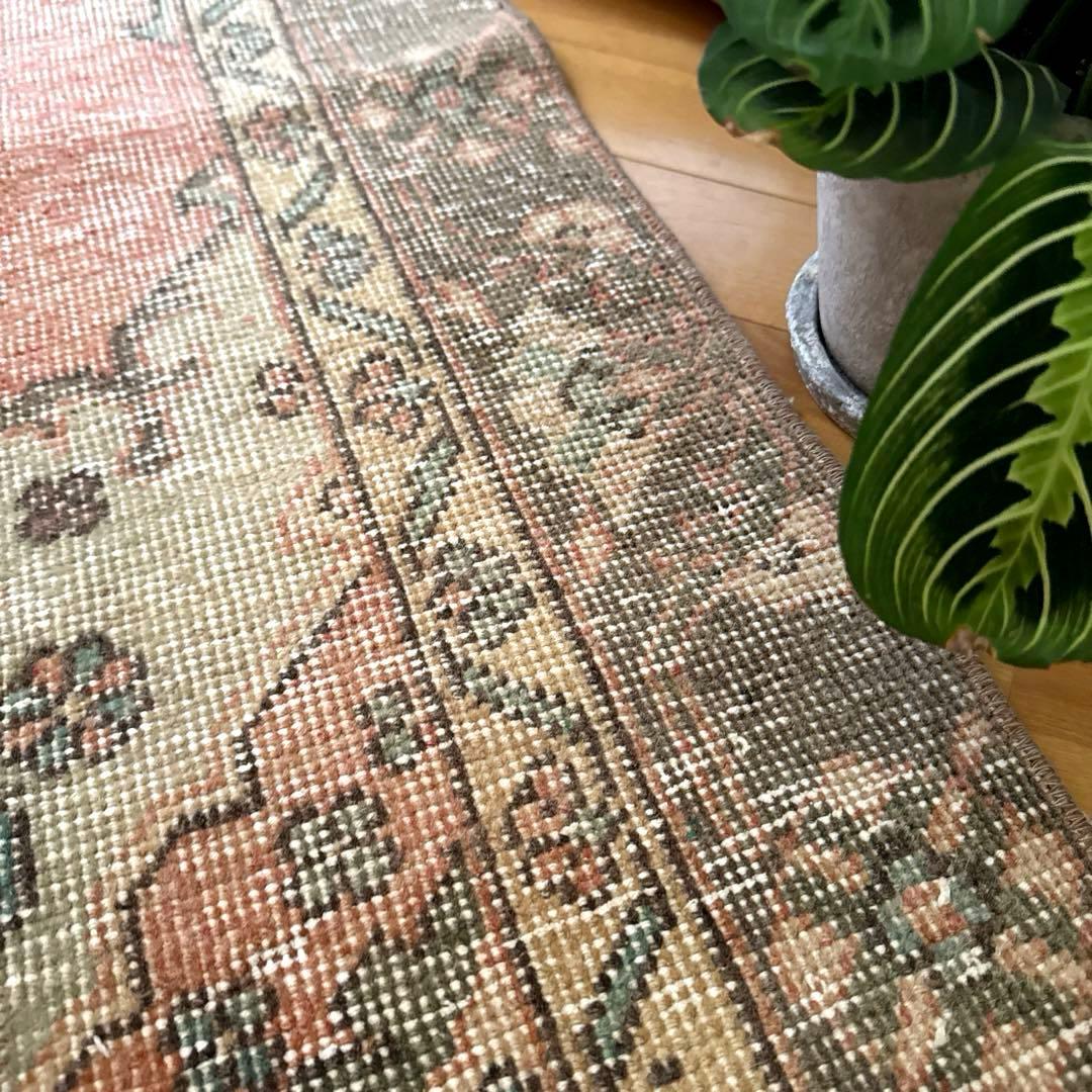 50×119パッチワーク　淡いサーモン×グレージュ　トルコヴィンテージラグ