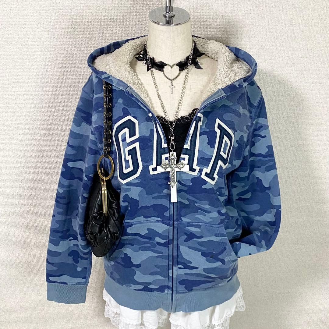 y2k GAP フルジップ パーカー 迷彩 平成ギャル 裏ボア ネイビー
