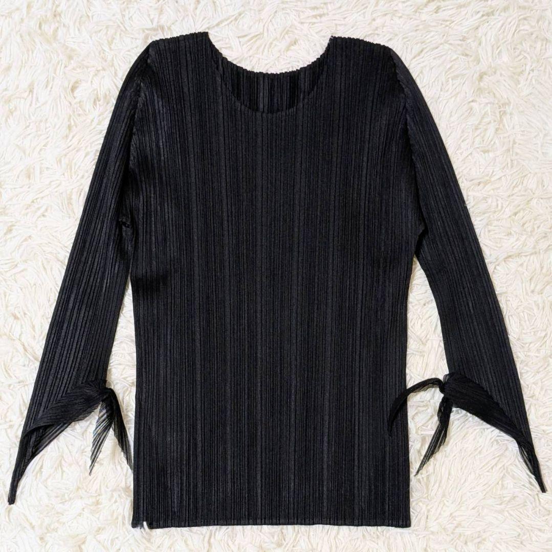 プリーツプリーズ カットソー 長袖 リボン ブラック L