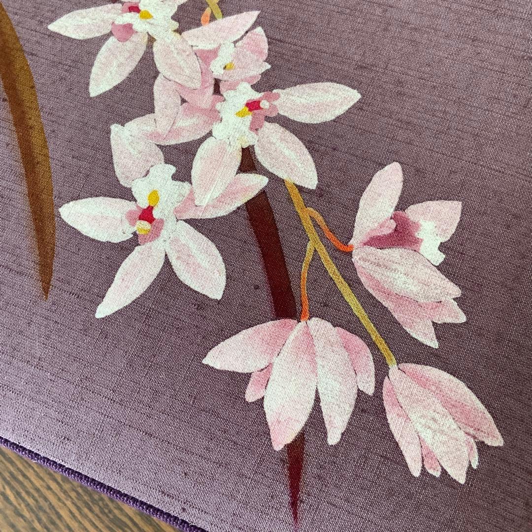 A4サイズ対応　紬　蘭のお花　リメイク　リネンコードハンドルバッグ