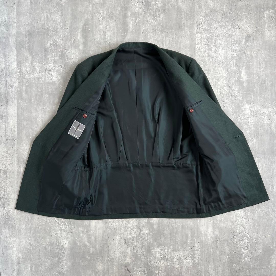 イッセイミヤケメン　80s　筆タグ　ウール　ノーカラージャケット　グリーン　M