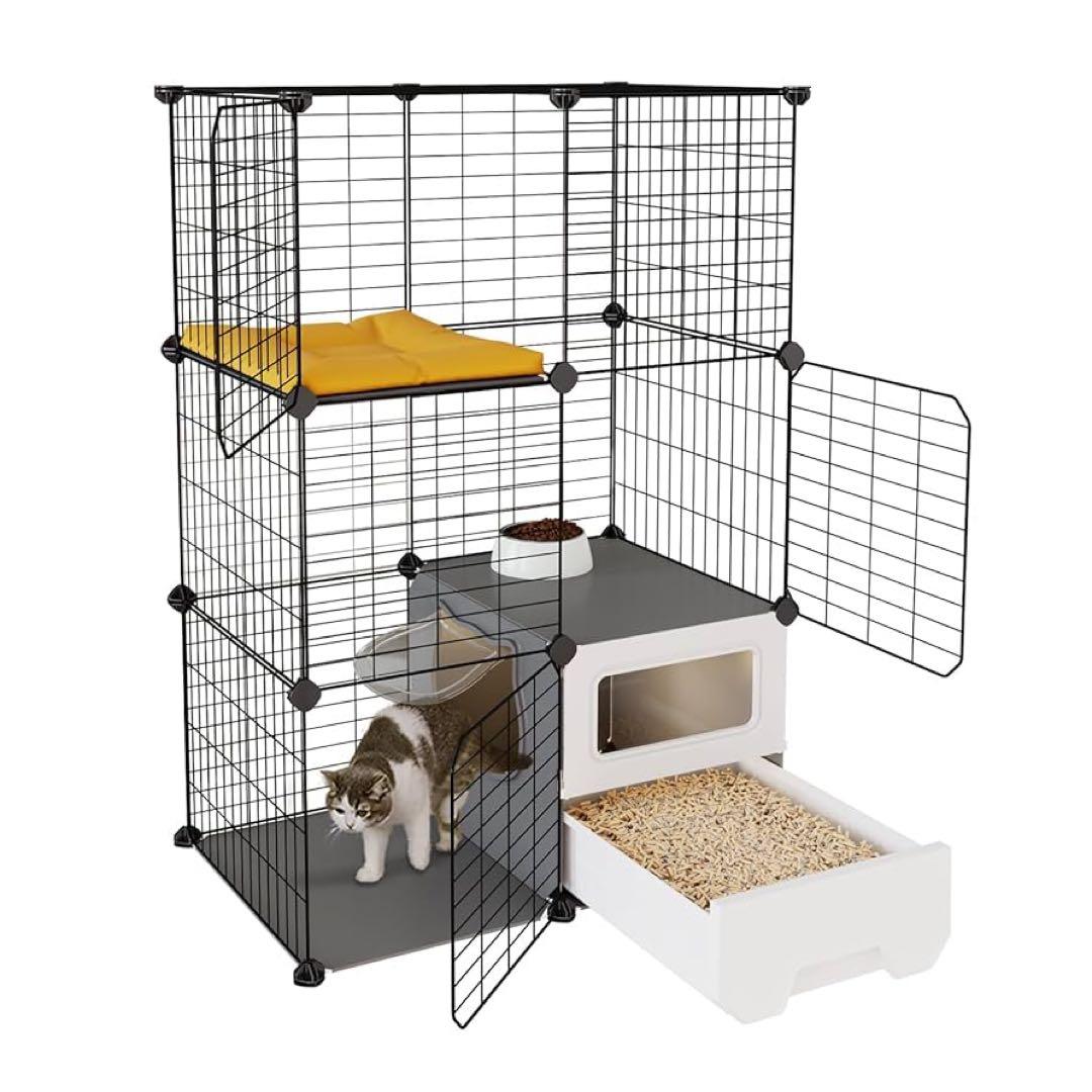 【Topzoo】猫 ケージ トイレ付き トイレ一体型 防臭 飛散軽減 2段