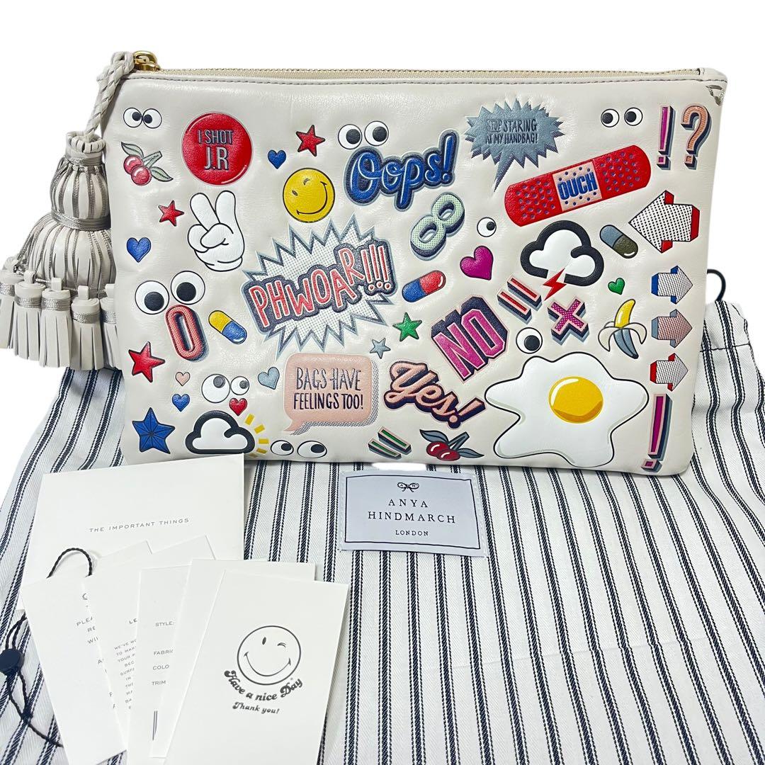 ANYA HINDMARCH ステッカーデザイン クラッチバッグ　フリンジ