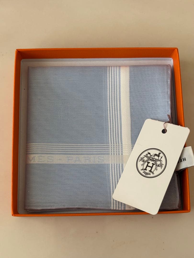 【新品未使用】HERMES エルメス 水色 ストライプ ハンカチ