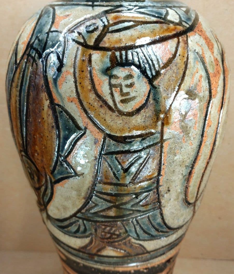 れれれ【本物保証】金城次郎 クヮンカミヤー文花瓶 共箱 栞 h36㎝超