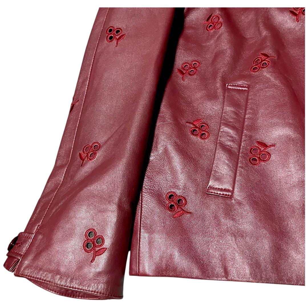 美品✨EMBA レザージャケット　フラワーカットワーク　ワイドシングルライダース