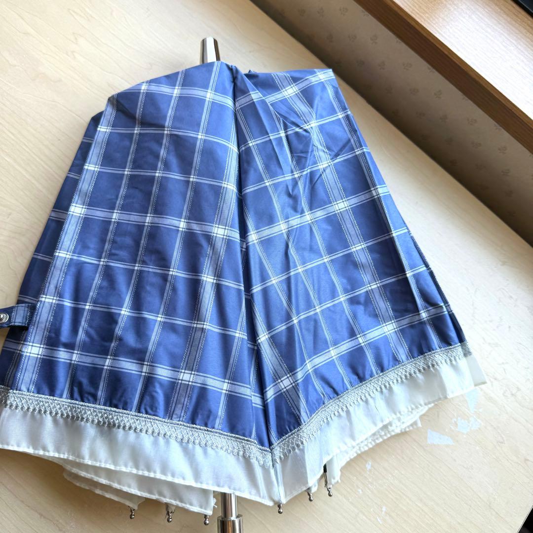 新品★サンドレス　晴雨兼用　日傘　楽折　1級遮光　遮熱　ブルー　チェック　レース