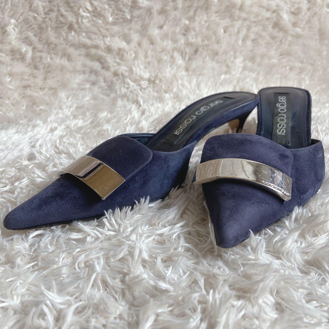 セルジオロッシ　sr1　ローヒールパンプス　ネイビー　37　メタルプレート