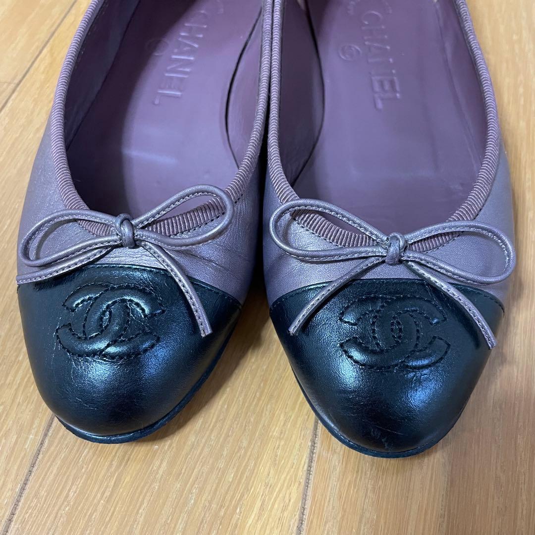 CHANEL バレリーナ バレエシューズ ココマーク リボン パープル 35