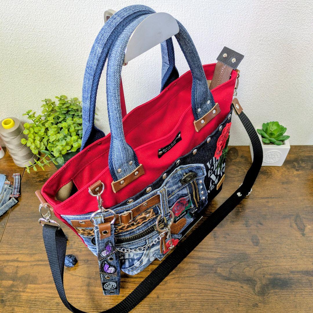 デニムリメイク 2wayトート｜薔薇刺繍×ステンシル・ポケットたくさん・底鋲付き