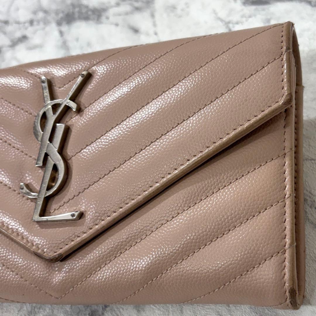 サンローラン 長財布 キルティング フラップ カサンドラ レザー ピンク