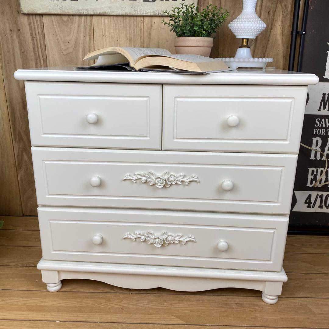 訳あり品！【121】フレンチ調ホワイトチェスト三段四つ引き木製収納家具姫系タンス