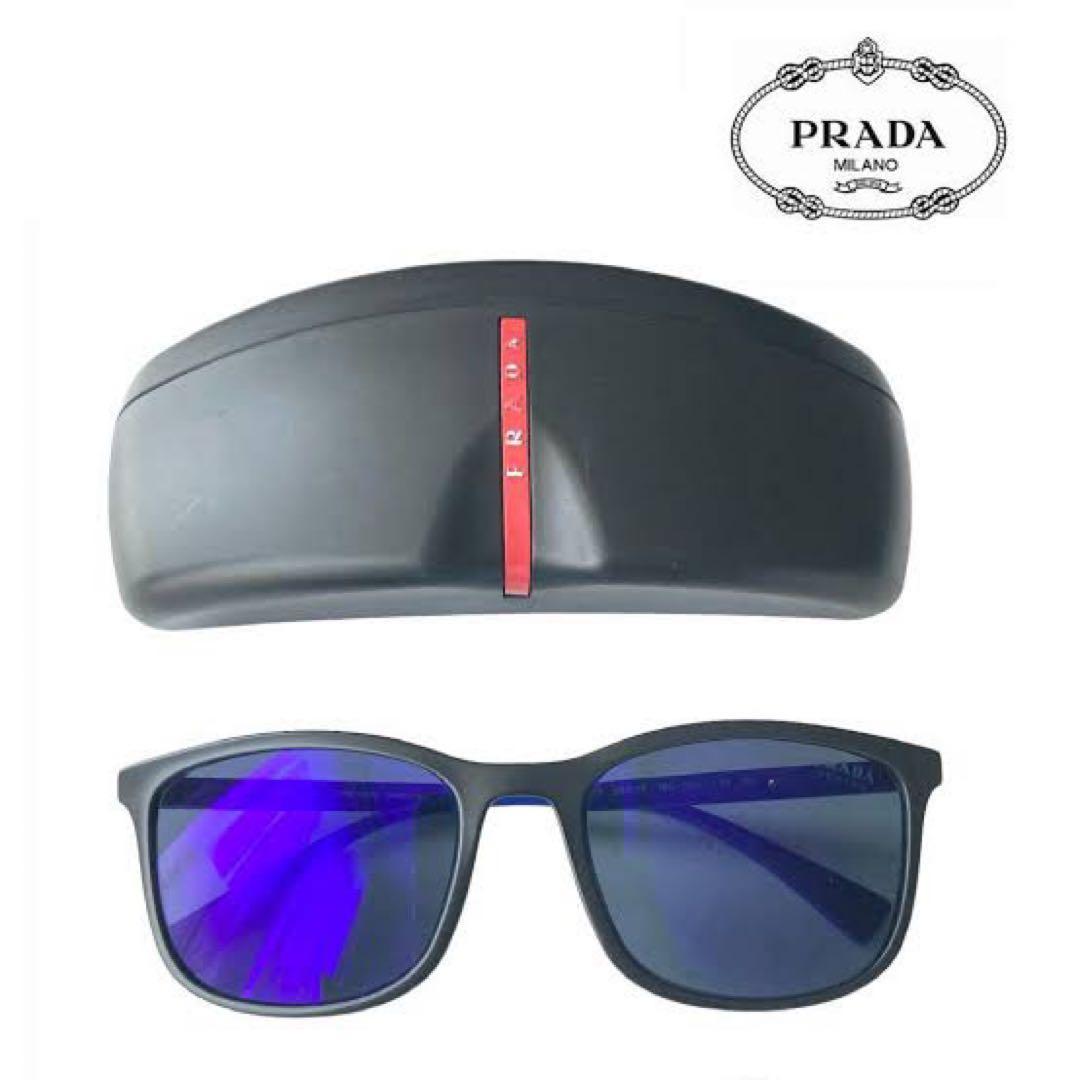 【美品】PRADA プラダ スポーツ サングラス メンズ 黒 × 青 ケース付