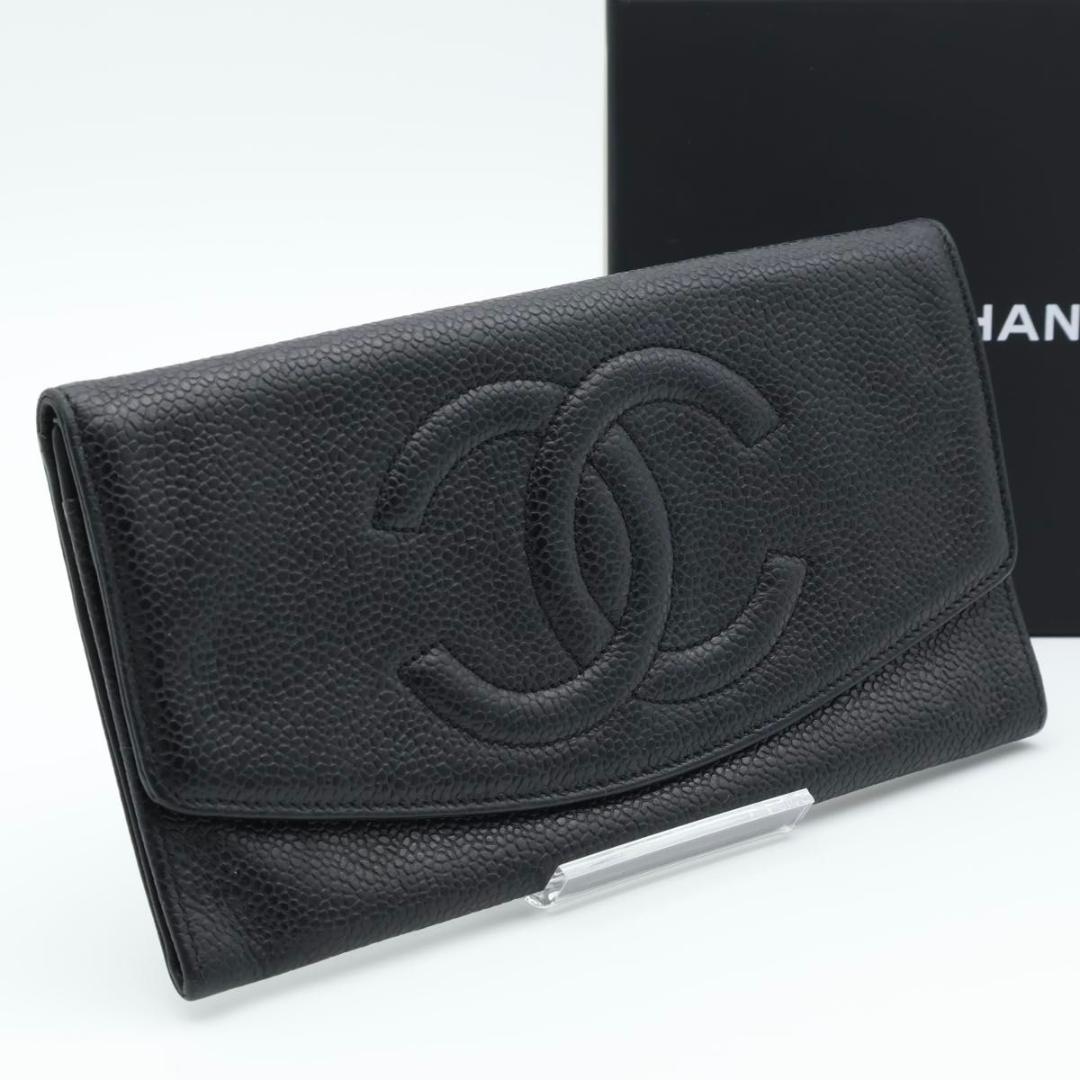 【超極美品】CHANEL 長財布　デカココ　キャビアスキン　Wフラップ　黒