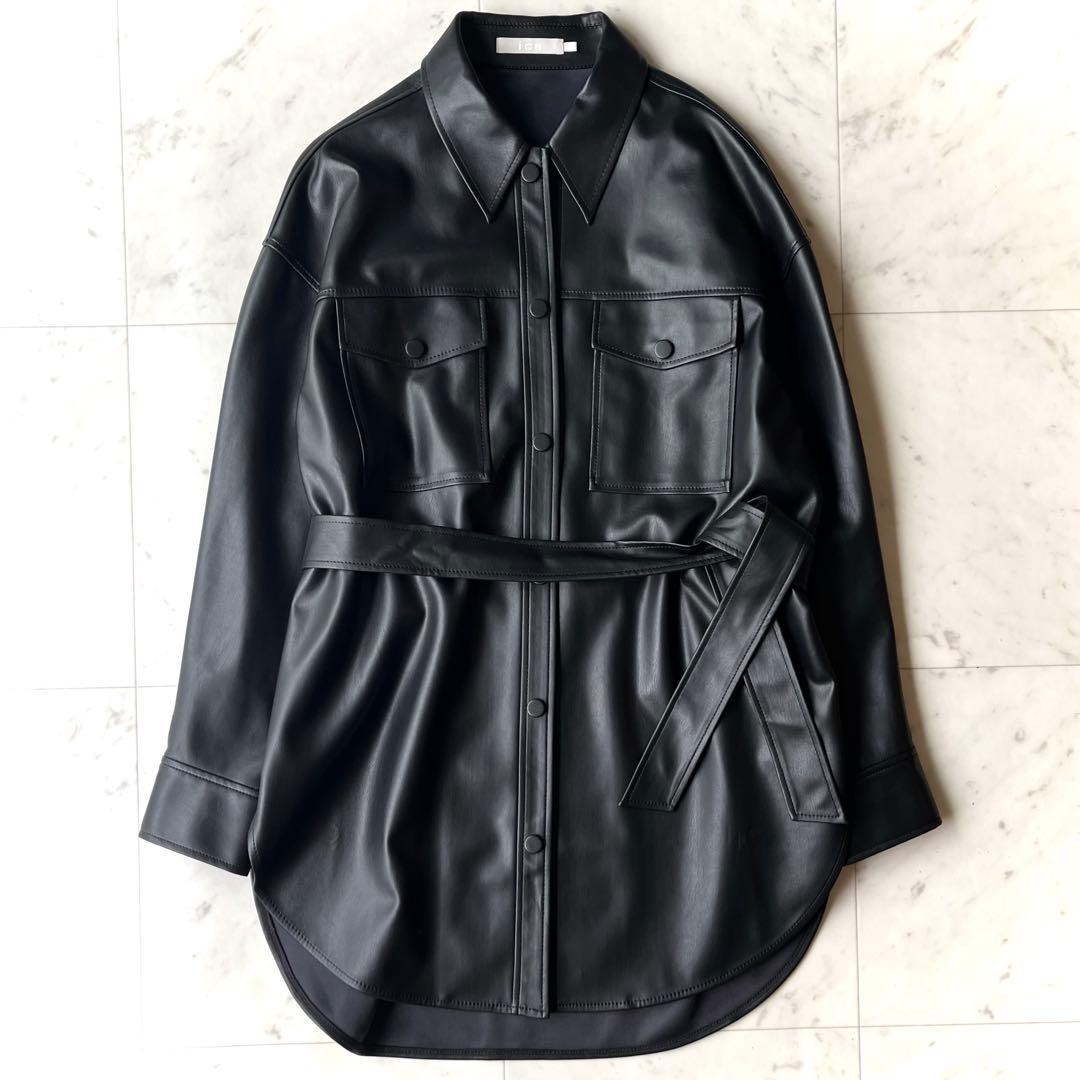 美品 ICB 洗える L ベルト付 ブルゾン 黒 フェイクレザー ジャケット