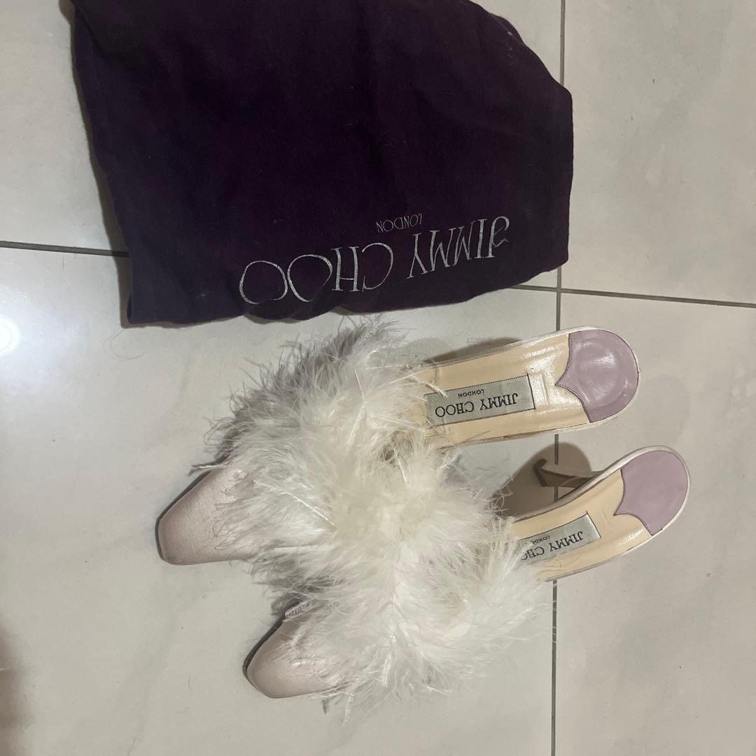 Jimmy Choo ベージュ ファー シルクサテン ミュール