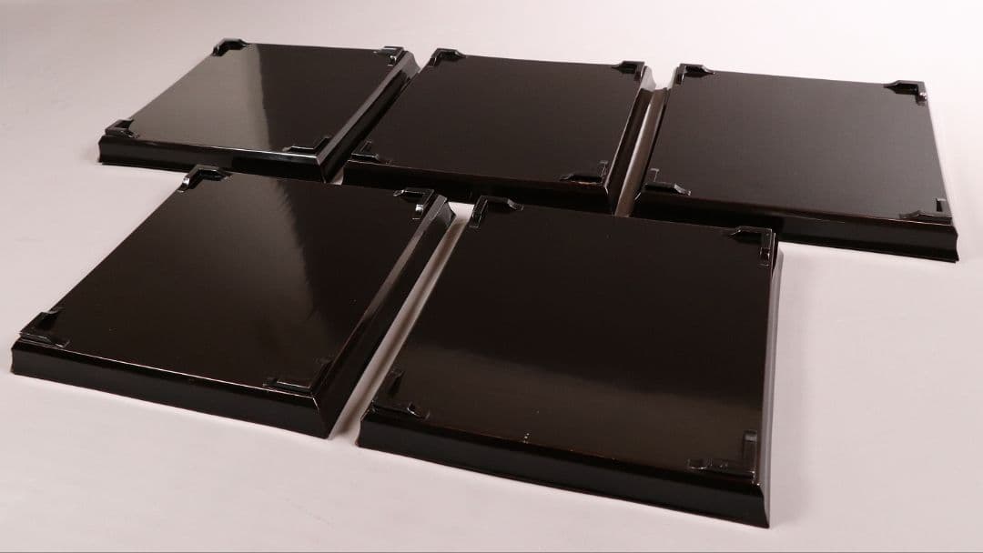 CM81 時代木製漆器 流水笹竹尾長鳥 金蒔絵 黒塗 四方膳 足付 五客 吸物膳