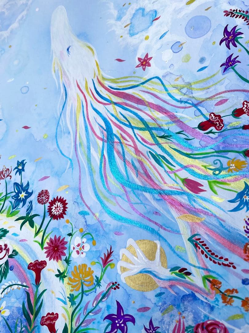 ありりん0703☆ 秋の花々と虹龍 絵画 アクリル画 開運絵画 龍ノツカイ