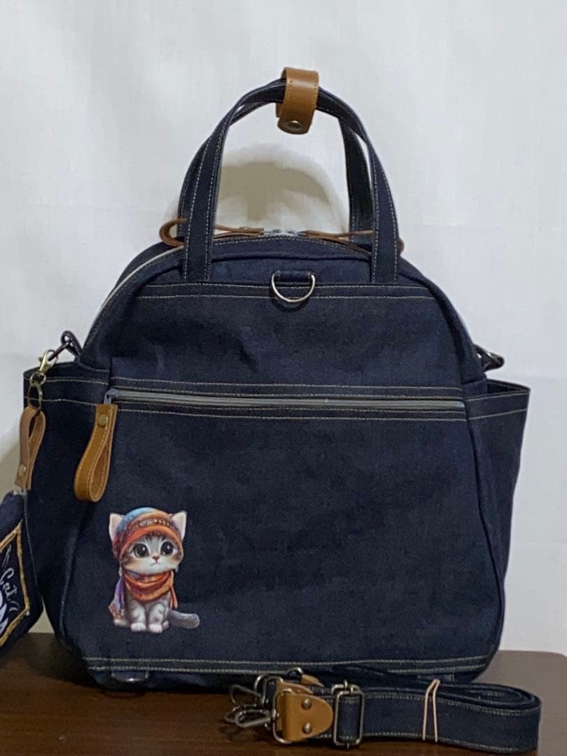☆岡山デニム☆ステンシル☆トラネコ☆子猫☆4wayボストンバッグ