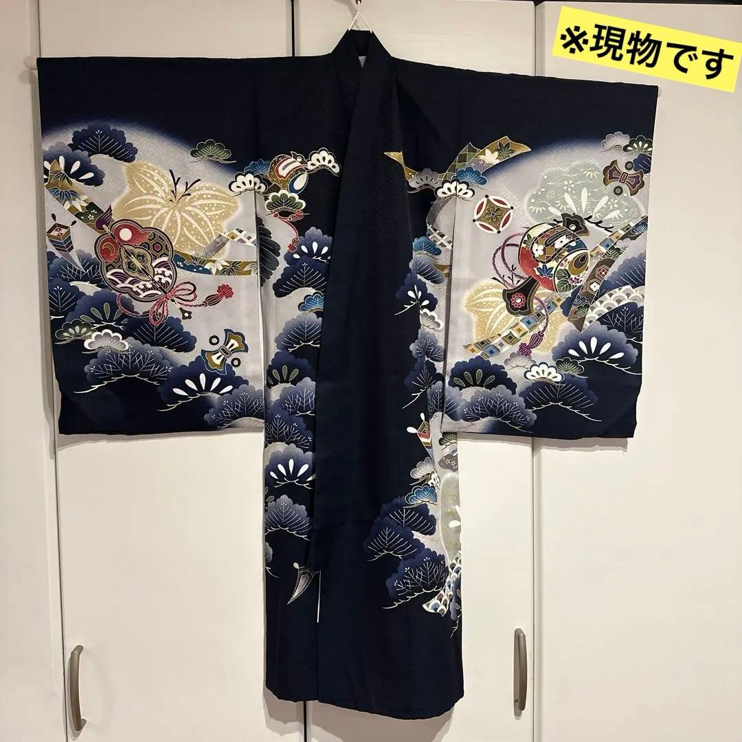 お宮参り七五三 正絹初着 産着 紺色 光琳松 金糸刺繍鷹 金彩 サヤ地紋 日本製