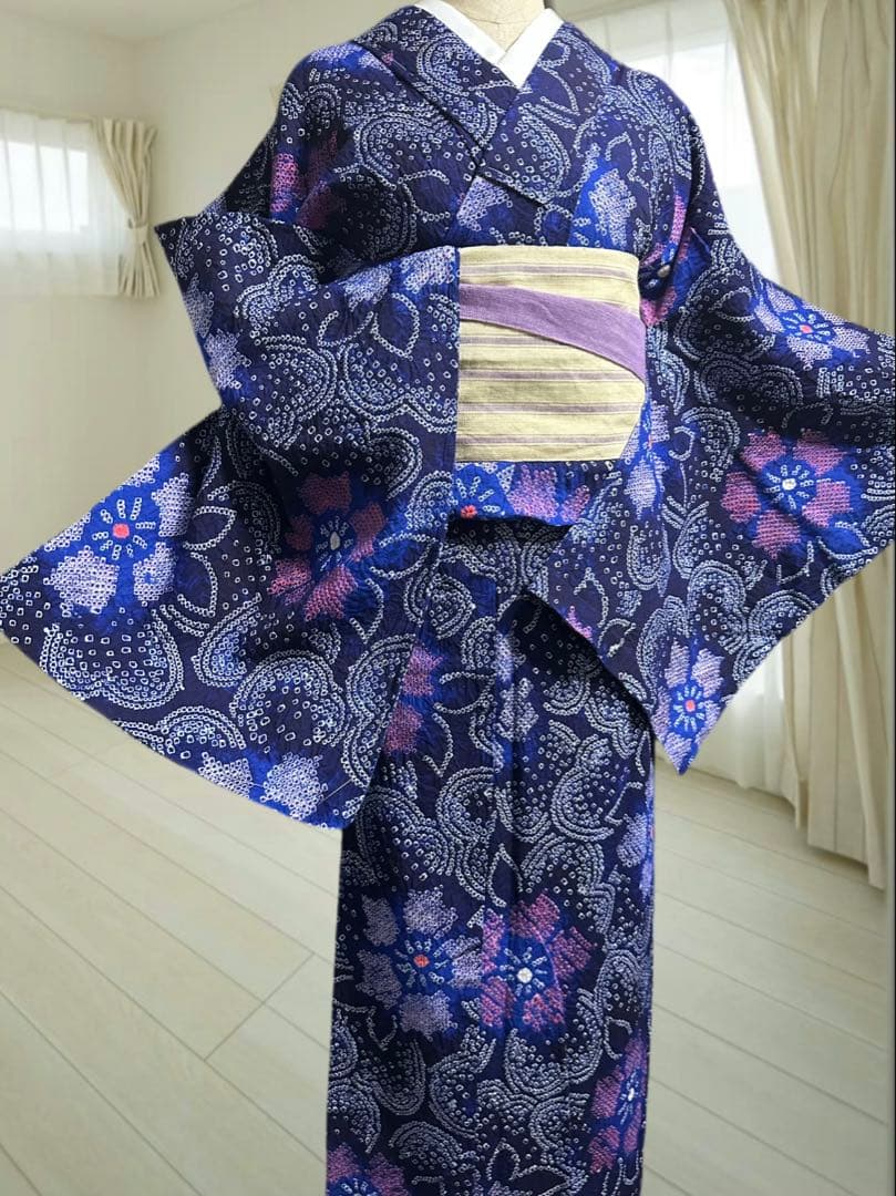 新品✨美品✨藍染に紫　有松鳴海絞り浴衣　身丈161裄丈67