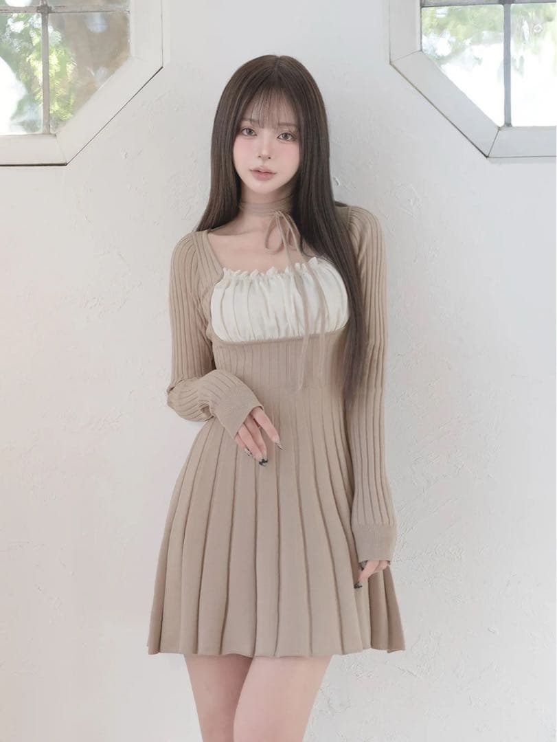 Darich 新品未使用 ネックリボンデザインフレアニットミニワンピース